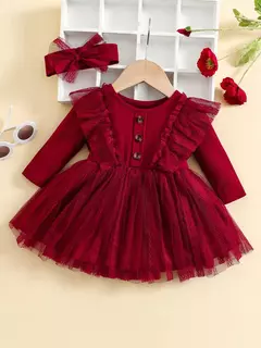 Vestido de malha com babados e lenço para bebê, manga pequena voadora, manga comprida, romântica, primavera e outono, 2 peças