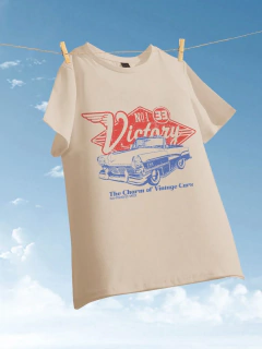 Camisetas de algodão de manga curta com decote em o feminino, charme de carros antigos, estampa vitoriosa, tops soltos, roupas de rua femininas, verão - Wolf Magazine