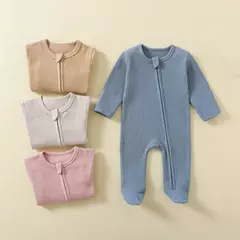 Macacão infantil de zíper de manga comprida, pijama sólido, algodão orgânico, sleepsuits waffle, macacão meninos e meninas, 100% algodão - Wolf Magazine