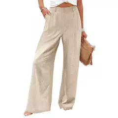 Calça larga de linho de algodão feminina, comprimento total, casual, monocromática, solta, cintura alta, reto, botão, verão
