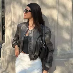 Jaqueta de couro PU feminina, casaco PU, mangas compridas, jaqueta solta, couro gradiente, gola redonda, zíper, locomotiva, curta, lavada - Wolf Magazine