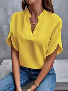 Blusa feminina elegante de manga curta com decote em v, camisa solta de cor sólida, tops brancos casuais, senhora do escritório, nova, verão - loja online