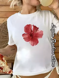 Camiseta de algodão estampa cereja feminina, tops com gola O, camiseta gráfica floral, manga curta, roupa feminina, streetwear casual, moda verão - loja online
