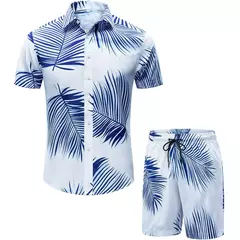 Imagem do Conjunto de camisa de praia casual de verão para homens, manga curta, estilo havaiano, estampado, shorts, design com cordão, moda, roupas masculinas