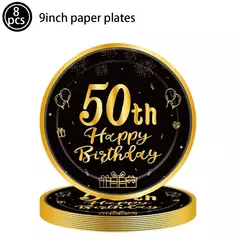 Imagem do Artigos para Festa de Aniversário para Homens e Mulheres, Preto e Dourado, 50 Anos, Pratos De Papel, Copos, Guardanapo, Toalha De Mesa, Louça Decoração