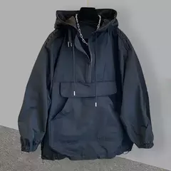 Imagem do Pulôver casual com capuz masculino, bolsos sólidos, carga, esportes ao ar livre, tops de viagem, quebra-vento preto, meia zip, outono, primavera
