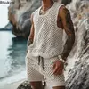 Conjunto masculino casual de duas peças de malha, tops soltos e shorts sólidos, terno esportivo de praia, streetwear oco, moda, verão, 2024