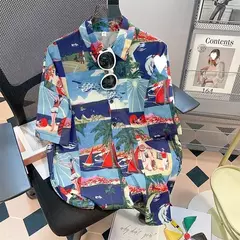 Desenhos animados havaianos com estampa solta masculina, camisa de rua, camisa diária de verão casual, tops de manga curta - loja online