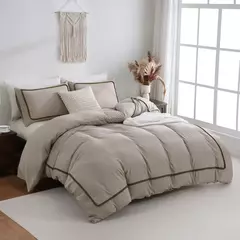 Soft Lightweight Duvet Cover Set, suave cama para baixo, bola Consolador, linha geométrica cama, toda a temporada, branco e cáqui, 3pcs - loja online