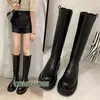 Botas pretas compridas de couro PU femininas, botas com zíper plataforma, antiderrapantes, altura do joelho, designer de luxo, casual, primavera, outono, moda