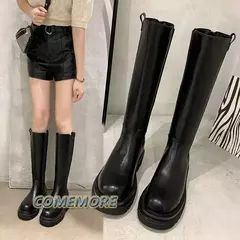 Botas pretas compridas de couro PU femininas, botas com zíper plataforma, antiderrapantes, altura do joelho, designer de luxo, casual, primavera, outono, moda