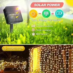 Impermeável Solar LED Curtain Light Decoração de guirlanda ao ar livre, luzes de corda, quintal, Natal, fada, luzes de corda, 300LEDs