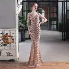 YIDINGZS-Vestido Maxi Decote V feminino, Lantejoula prateada, Beading, Festa noturna, Sexy na internet