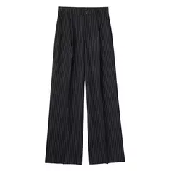 Imagem do TRAF-Calça formal feminina, calça casual de perna larga, listrada, cinza, preta, cintura alta, terno largo, roupa de escritório