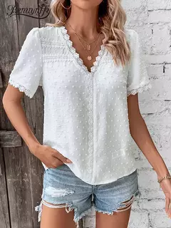 Imagem do Benuynffy-Blusa de renda com decote em v feminina, ponto suíço, tops sólidos, manga curta, boho, doce, casual, moda feminina, verão, novo, 2024