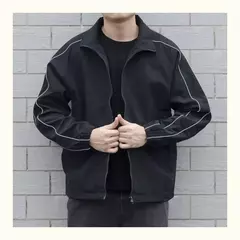 Blusão solto de retalhos masculino com bolsos, jaqueta bomber, zíper listrado, gola alta, impermeável, esportes ao ar livre, casual, outono