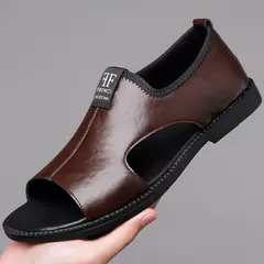 Sandálias de couro para homens, sapatos de praia confortáveis, chinelos casuais ao ar livre, chinelos de marca de moda - loja online