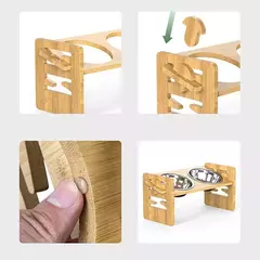 2 pçs de bambu e madeira ajustável gato e cão rack de alimentação gato tigela alimentador pet tigela rack de refeição de aço inoxidável - comprar online