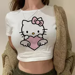 Camiseta estampada Hello Kitty para mulheres, manga curta, algodão de imitação, branco, tendência de menina, camiseta fofa, fina, tops com gola redonda, moda na internet