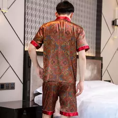 Conjunto de pijama de seda fino masculino, manga comprida e calça curta, pijama, calça para dormir - comprar online
