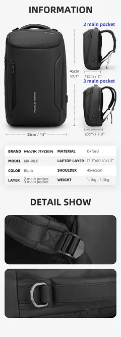 MARK RYDEN-Mochila Laptop para Homens, Espaçosa Mochila De Viagem, Pendulares, COMPACTO PRO, 17";;VERDADEIRO;;"2 Main Pockets Black na internet