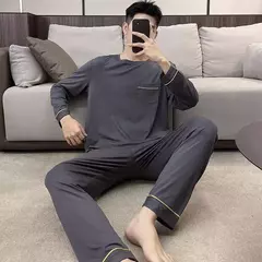 Pijama masculino de malha de algodão, simples Homewear lazer, gola redonda, loungewear sólido, tamanho grande, pulôver esportivo, novo - loja online