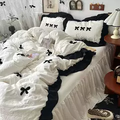 Conjunto de cama estilo princesa coreano para meninas, capa de edredão kawaii, arco preto, lençol macio para a pele, saia de cama, fronhas - comprar online