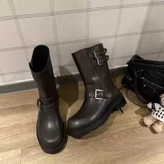 Bota de salto baixo de dedo redondo feminina, fivela curta, moda casual, monocromática, venda quente, primavera e outono, 2024