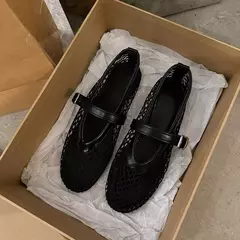 Imagem do Sapatos de rede de dedo do pé redondo para mulheres, sapatilhas casuais e confortáveis, sapatos Mary Jane recortados, fivelas retas, verão