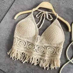 Camisola feminina Boho Crochet Knit Crop Top, Camisola de praia, Camisola de férias, Sutiã de crochê, Colete sem costas, Camisola de alças oca, Sexy - comprar online
