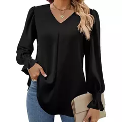 Nova camisa feminina de chiffon de cor sólida com decote em v pulôver queimado manga comprida camisa superior senhora do escritório elegante cáqui blusas soltas - loja online