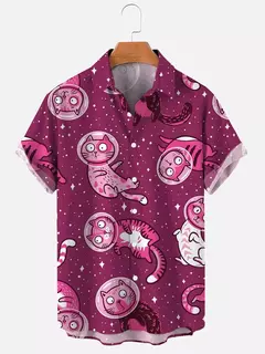 Camisa havaiana dos desenhos animados de anime masculino, Tops de manga curta, roupas casuais masculinas, rua, animais, gatos, retrô, 3D Tees, verão - loja online
