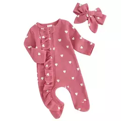 Pudcoco-macacão de bebê menina com estampa de coração, manga comprida para os pés, com zíper e bandana de 0 a 6 anos na internet