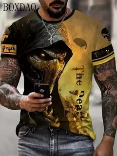 Camiseta Horror Death Caveira Masculina, Manga Curta, Estampada 3D, Rua do Terror, Camiseta Hip Hop, Decote O, Solta, Tops Casual de Verão, Roupas - loja online