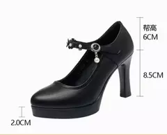 Bombas plataforma de salto bloco para mulheres, salto alto com fivela, sapatos femininos, elegantes sapatos pretos de escritório, primavera, outono, 2023 na internet