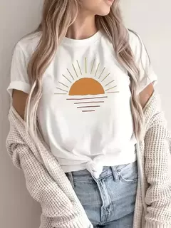 Imagem do Camiseta estampada criativa feminina solar, tops de verão hip-hop, gola redonda, combina tudo, manga curta, algodão, roupas femininas confortáveis