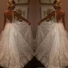 Vestidos de casamento elegantes Bohemia para mulheres, decote em v, vestidos de noiva sem mangas, brilhante, linha A, vestido de noiva, vestido maxi, decotado, feminino, 2024 - Wolf Magazine
