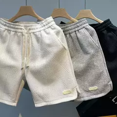 Imagem do Shorts de natação de algodão misturado masculino, cintura solta, bolso múltiplo, cor sólida, shorts casuais na moda para surf e praia