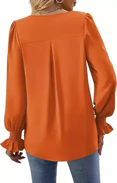 Nova camisa feminina de chiffon de cor sólida com decote em v pulôver queimado manga comprida camisa superior senhora do escritório elegante cáqui blusas soltas