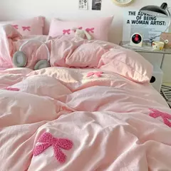 Cute Pink Bows Embroidery Duvet Cover Set, Conjuntos de cama 3D Confortável Rainha Consolador, capas macias para meninas, crianças, adolescentes - comprar online
