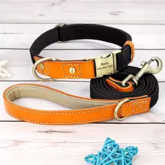 Imagem do Coleira de cachorro personalizada conjunto de coleira de couro de náilon pet id colar anti-perdido fivela coleiras com corda de chumbo para cães pequenos e grandes pug