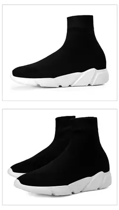 Sapatos de tecer respirável para homens e mulheres, tênis casuais slip-on, meias baratas, preto e branco, venda quente na internet