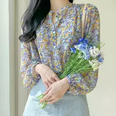 Mulheres elegante impressão chiffon blusa primavera verão casual manga longa com decote em v camisa solta senhora do escritório botão doce topos 2023 - loja online