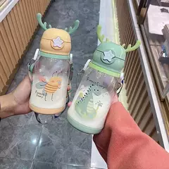 Garrafa de água Deer Horn para crianças, grande capacidade, copo de palha de plástico, estudante, menina kawaii, crianças, desenhos animados, 500ml - Wolf Magazine