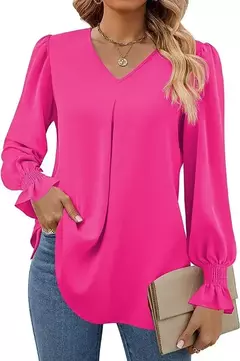 Nova camisa feminina de chiffon de cor sólida com decote em v pulôver queimado manga comprida camisa superior senhora do escritório elegante cáqui blusas soltas na internet