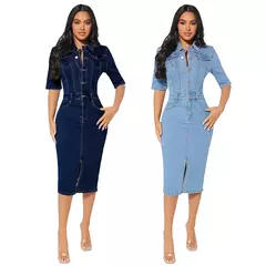 Vestido feminino de comprimento médio com botões elásticos, saia jeans, saia de quadril, manga curta, tendência, outono - comprar online