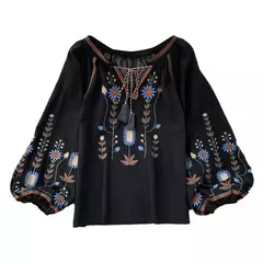 Blusa Bordada Manga Lanterna Longa com Decote V para Mulheres, Moda Casual, Camisas Vintage, Tops Femininos Minoritários, Drop Shipping, Outono - Wolf Magazine