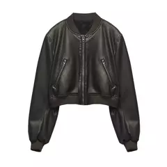 Jaqueta de couro PU feminina, casaco PU, mangas compridas, jaqueta solta, couro gradiente, gola redonda, zíper, locomotiva, curta, lavada - comprar online