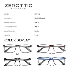 ZENOTTIC 2024 Liga dos homens Titanium Ótico Eyeglass Frame Moda Homens Quadrados Óculos Ultra Light Metal Clássico Sobre o balcão Óculos BT2108