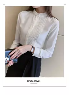 Primavera verão moda cor sólida camisa feminina de manga longa comutando irregular botão chiffon topo feminino camisa branca das mulheres c028
